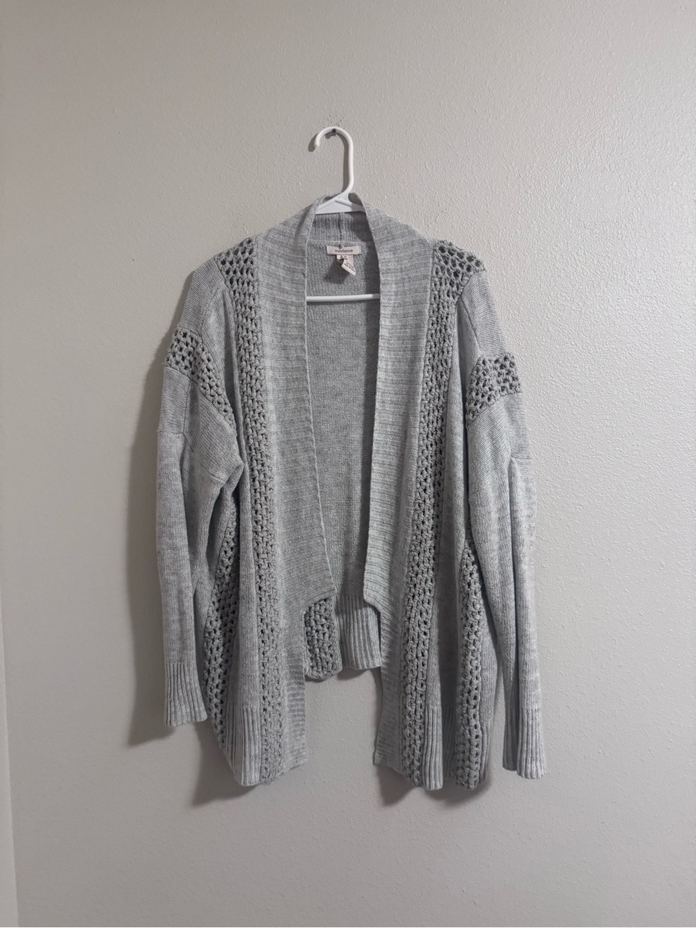 Sundance Light Gray Open-Front Crochet Panel Cardigan